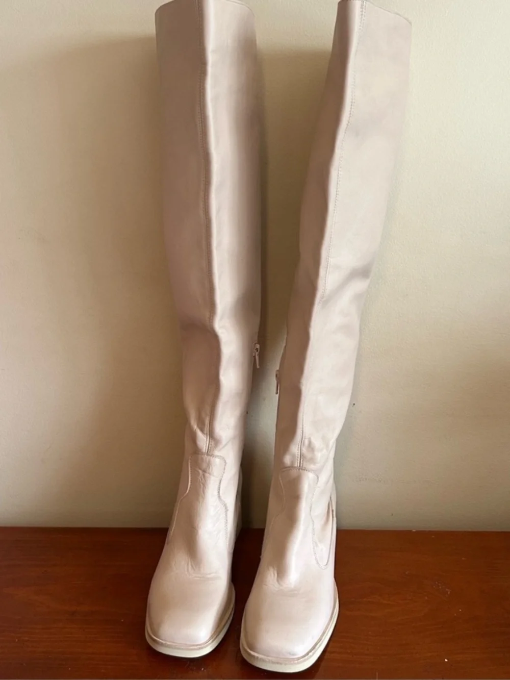 Free People Ivory Cream Leather Knee High Block Heel Boots EU 39.5 US 8.5